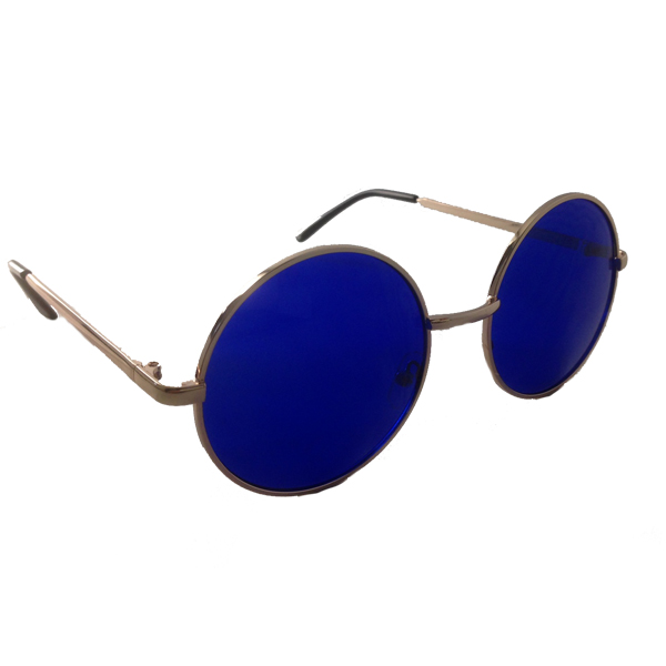 Rund metal solbrille i guldfarvet stel med blå glas. Stor model. Glas dia: 5,3 cm. | oversize_store_solbriller-2