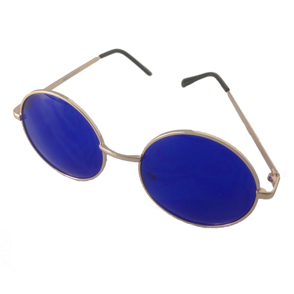 Rund metal solbrille i guldfarvet stel med blå glas. Stor model. Glas dia: 5,3 cm. | retro_vintage_solbriller