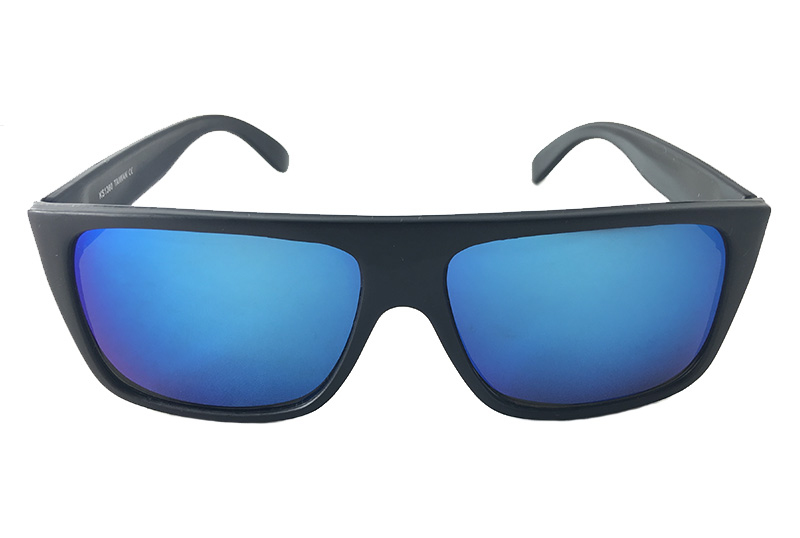 Seje rå solbriller til mænd. Mat sort stel med spejlrefleks glas i blå farver. | festival-solbriller