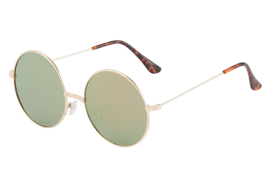STOR Fed solbrille i guldfarvet metalstel med FLADE lyserød-grønlig changerende linser. Kendt som john lennon solbrillen. Hippie solbrille mode | festival-solbriller