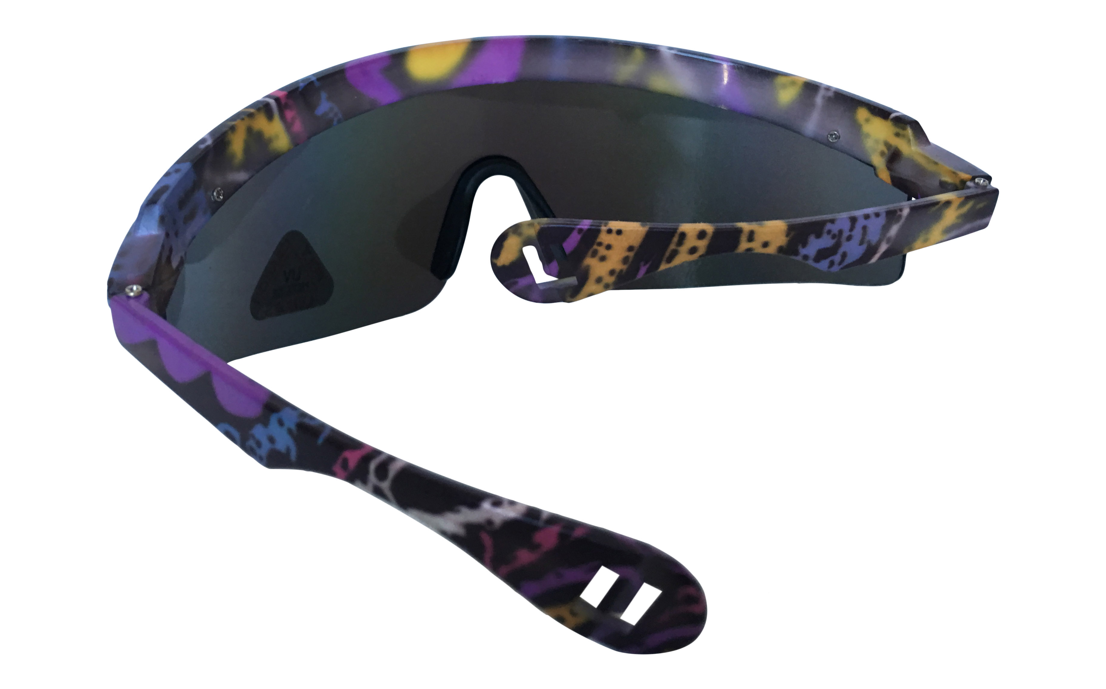 Fed retro skibrille i vilde farver og mønster. Glasset er multifarvet spejlglas. Et lille  | festival-solbriller-2