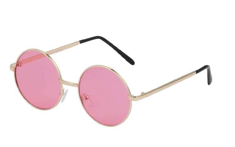 Rund guldfarvet solbrille med lyserøde glas | solbriller-farvet-glas