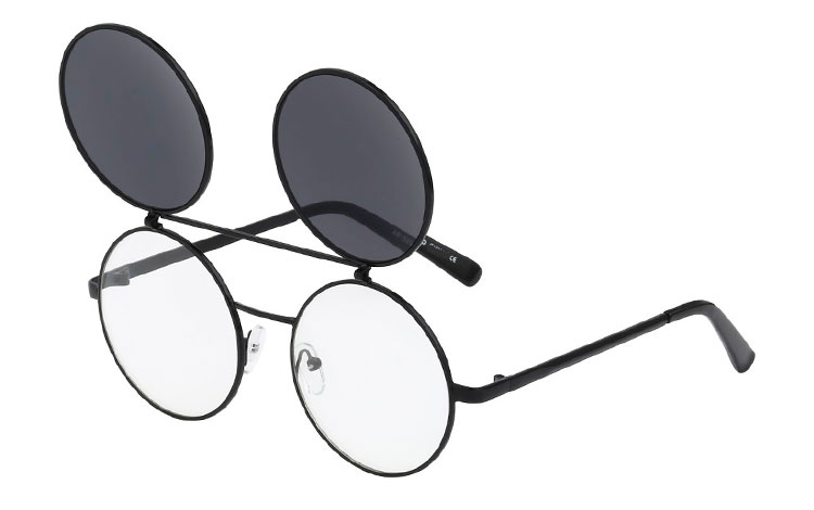 Stor rund sort brille med klart glas uden styrke med flip up solbrille med mørke glas | flip-up-solbriller-2