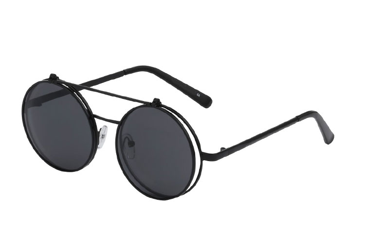 Stor rund sort brille med klart glas uden styrke med flip up solbrille med mørke glas | retro_vintage_solbriller