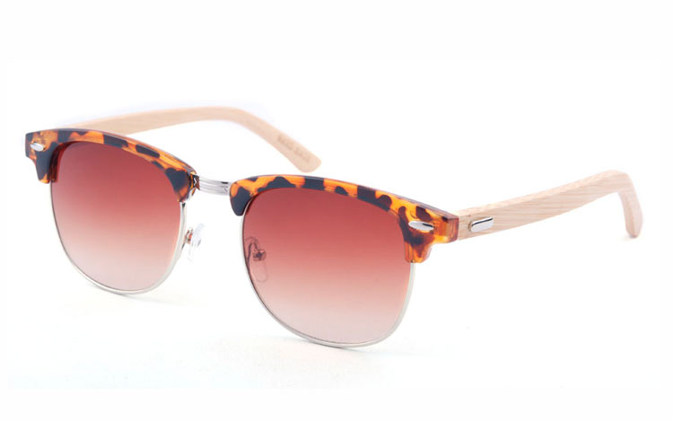 Clubmaster solbrille i leopard / skildpadde brun design med lyse bambus stænger | billige-solbrille-nyheder