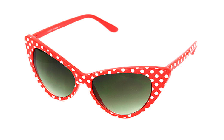 Cateye solbrille i rød med hvide prikker. Lækker 30´er - 50´er stil. | search