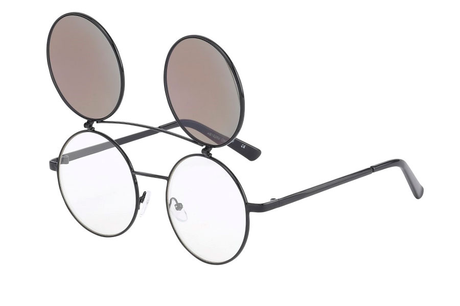 Brille i sort metal stel med flip-up solbrille i spejlglas i blå-grønne farver. | festival-solbriller-2