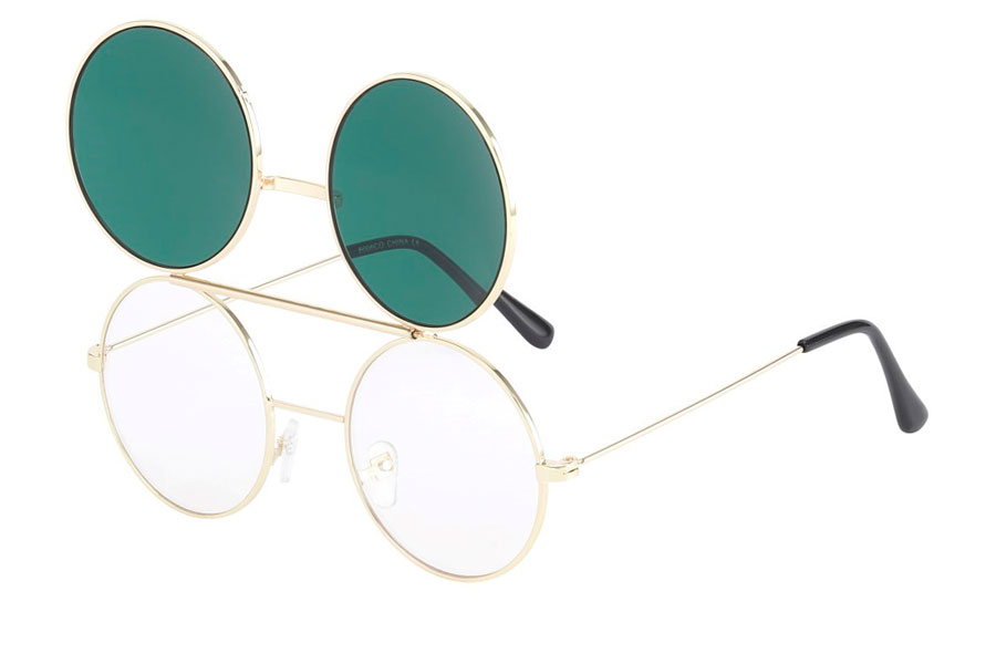 Brille i guldfarvet metal stel med flip-up solbrille med mørkegrønne linser.  | runde_solbriller-2