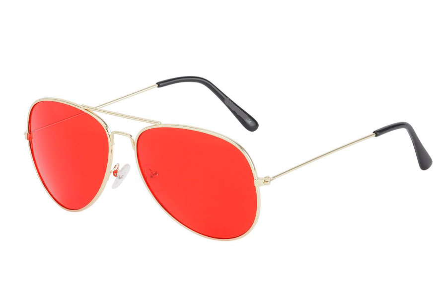 Guldfarvet aviator solbrille med røde linser | pilot_solbriller