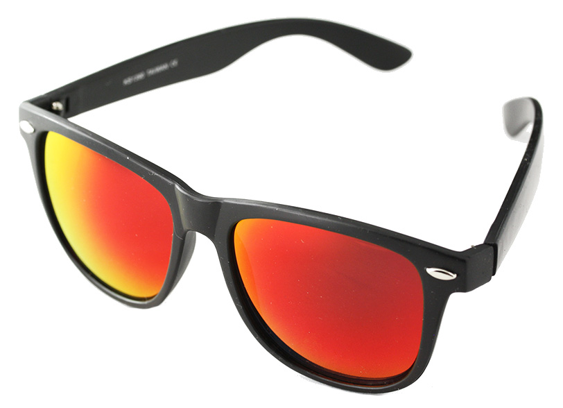 Sort wayfarer solbrille med rødligt multifarvet glas | search