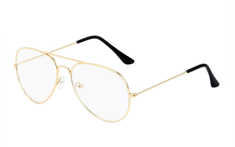 Guldfarvet aviator / dråbe brille med klart glas uden styrke - Design nr. 3518