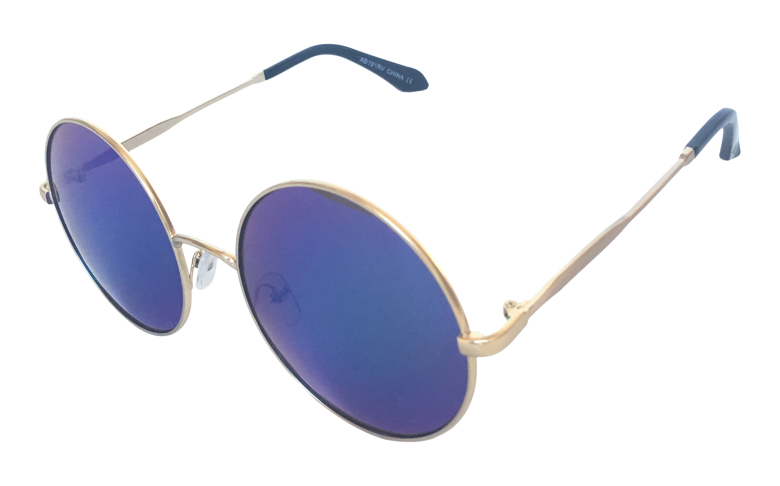 rund solbrille med farvet spejlglas. Guldfarvet stel med blå-grønne changerende glas. | oversize_store_solbriller-2