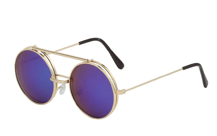 Guldfarvet rund metal brille med klart glas med flip up solbrille i blå-grønne changerende spejlglas.  | klar_glas_briller