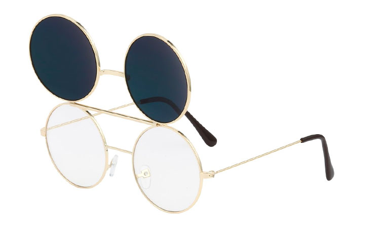 Guldfarvet rund metal brille med klart glas uden styrke med flip up solbrille med mørke glas  | festival-solbriller-2