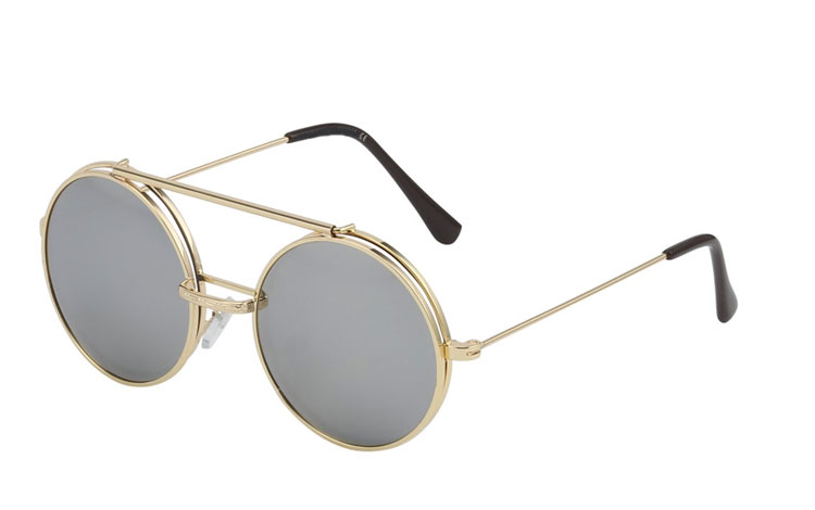 Guldfarvet rund metal brille med klart glas, uden styrke med flip up solbrille i sølvfarvet spejlglas.  | runde_solbriller