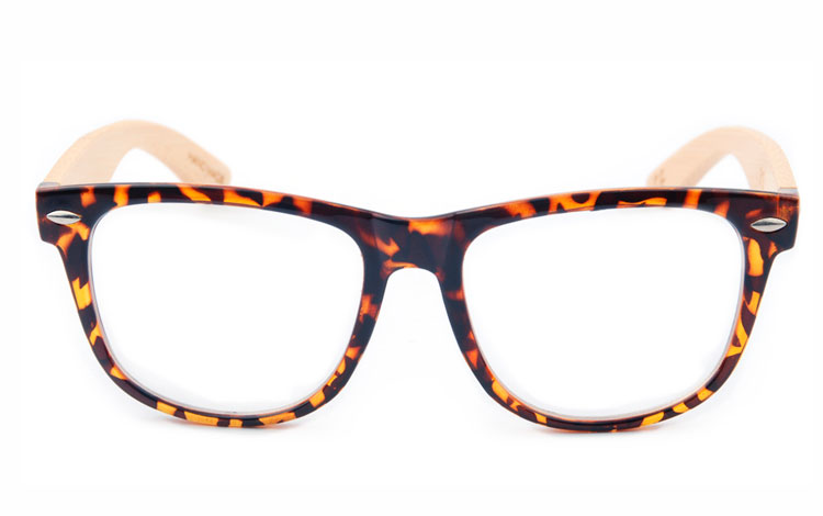 Skildpadde / Leopard brun wayfarer brille med klart glas uden styrke og lyse bambus stænger  | enkelt-klassisk-design-2