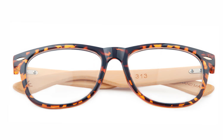 Skildpadde / Leopard brun wayfarer brille med klart glas uden styrke og lyse bambus stænger  | enkelt-klassisk-design-3