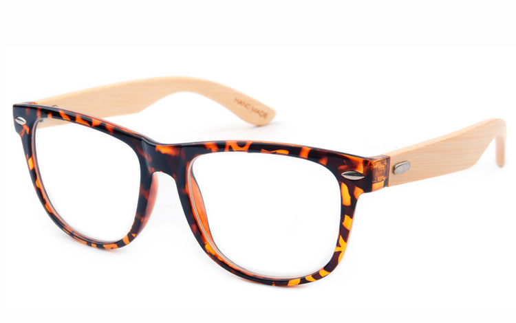 Skildpadde / Leopard brun wayfarer brille med klart glas uden styrke og lyse bambus stænger  | enkelt-klassisk-design