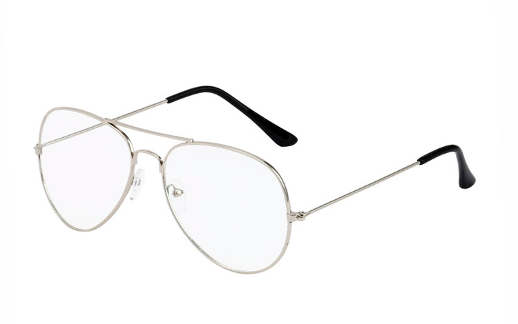 Sølvfarvet aviator / dråbe brille med klart glas uden styrke. Denne model er også kaldet  | search