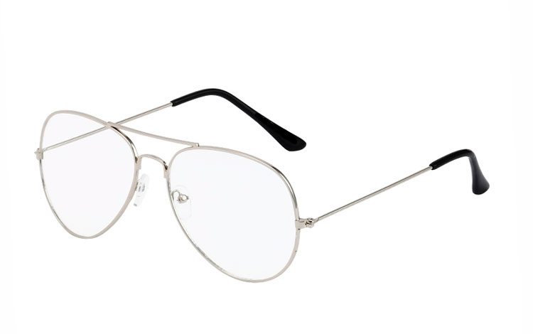 SÃ¸lvfarvet aviator / drÃ¥be brille med klart glas uden styrke. Denne model er ogsÃ¥ kaldet  | pilot_solbriller