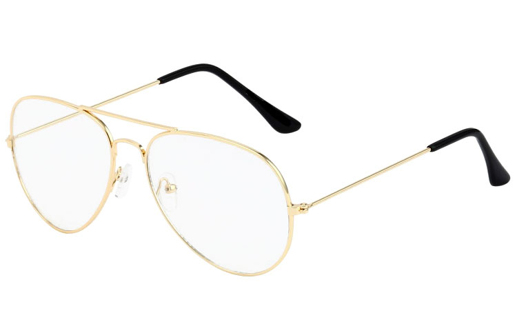 Aviator / dråbe brille i guldfarvet stel med klart glas uden styrke. Denne model er også kaldet  | 