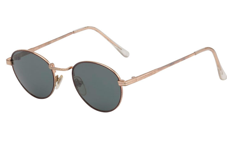 Solbrille i rundt design med mÃ¸rkbrun kant og guldfarvet stel. GrÃ¥-blÃ¥ glas | runde_solbriller