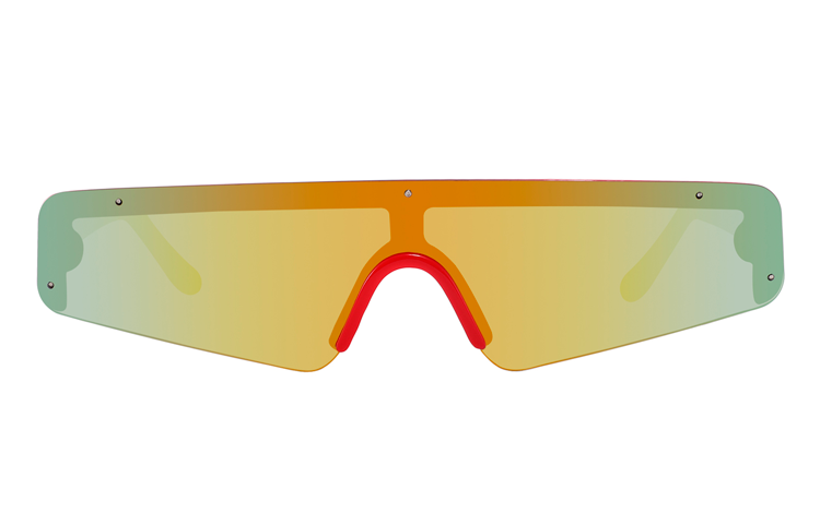  Stellet har one-piece frontglas, fÃ¦stnet med smÃ¥ sÃ¸lvfarvet skruer. Stellet er blank knald rÃ¸dt og glasset er multifarvet spejlglas i gul-grÃ¸nne nuancer. | cat_eye_solbriller-2