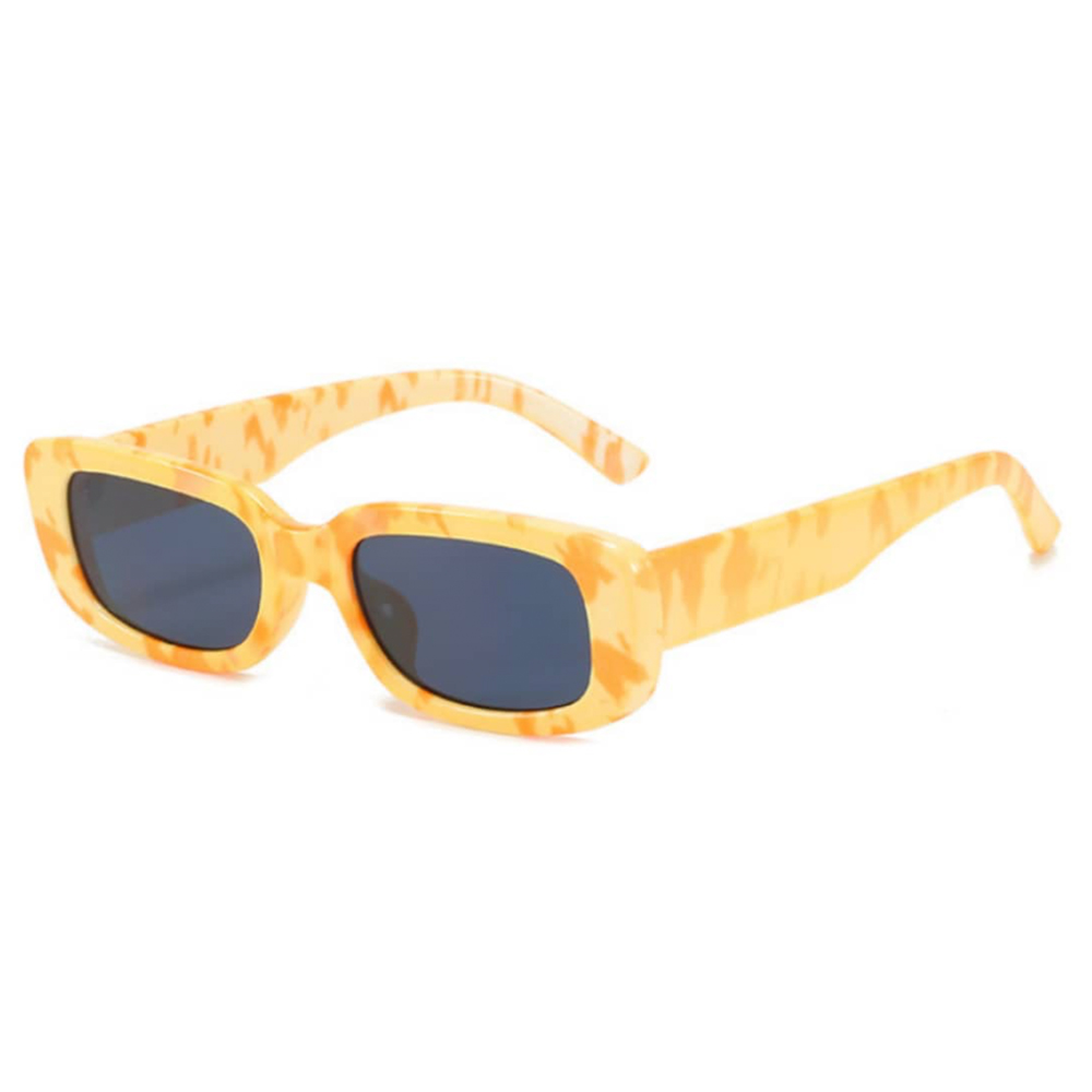 FrÃ¦k solbrille i aflangt firkantet design med blÃ¸de hjÃ¸rner. Smuk solgul solskins-solbrille i gult og orange farvemix med grÃ¥-sorte glas. | solbriller_kvinder