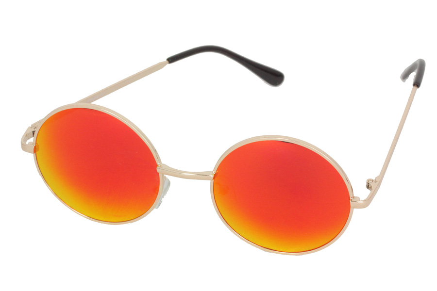 Stor rund solbrille med orange-røde spejlglas | festival-solbriller