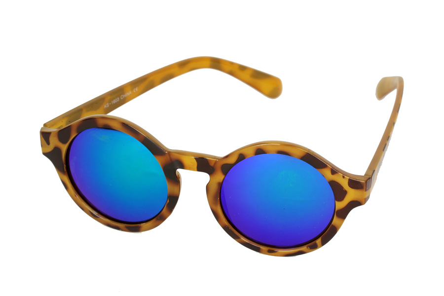 Rund modesolbrille i lys skildpadde design med spejlglas | 