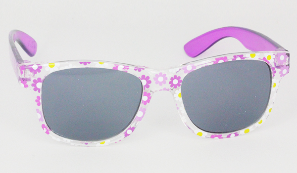 Flot pige solbrille til børn. Gennemsigtig med lyserøde og lille blomster. Kun 69 kr. | 