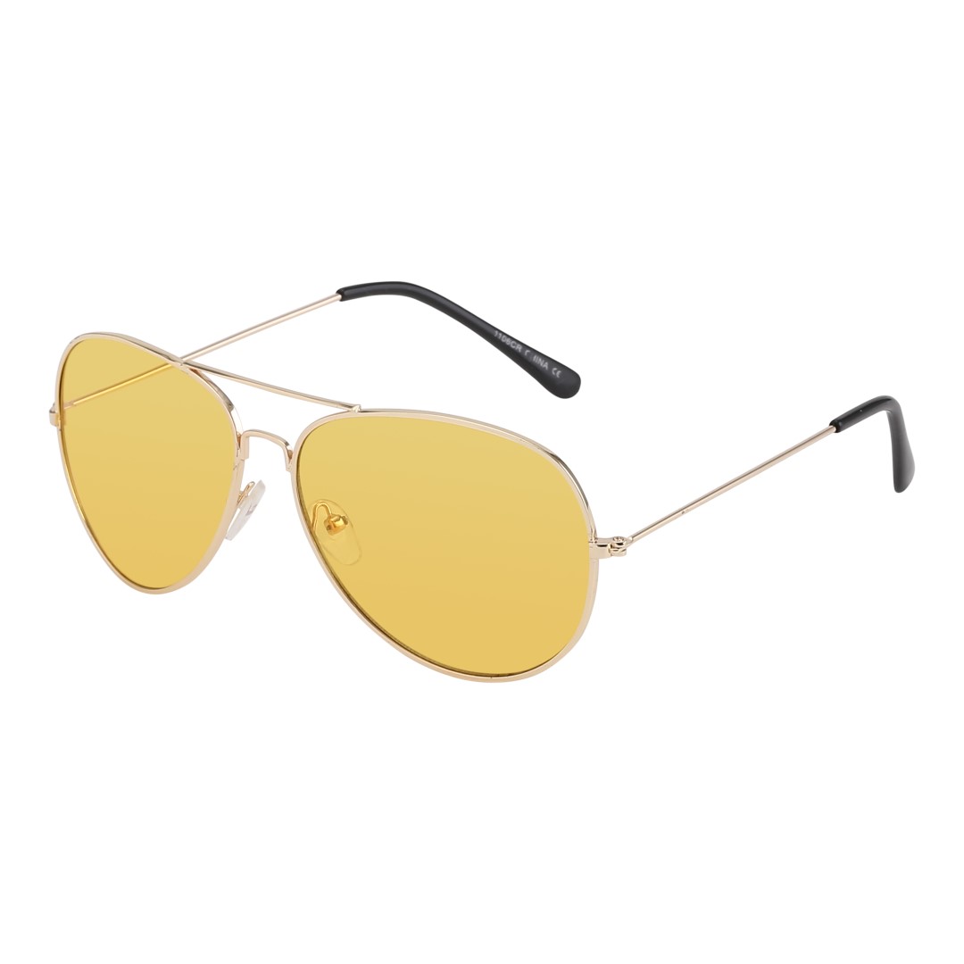 Aviator solbrille i metal stel med gule glas. Solbrillen er i god kvalitet med sort plastik på stængerne. | sjove_udklaednings_briller
