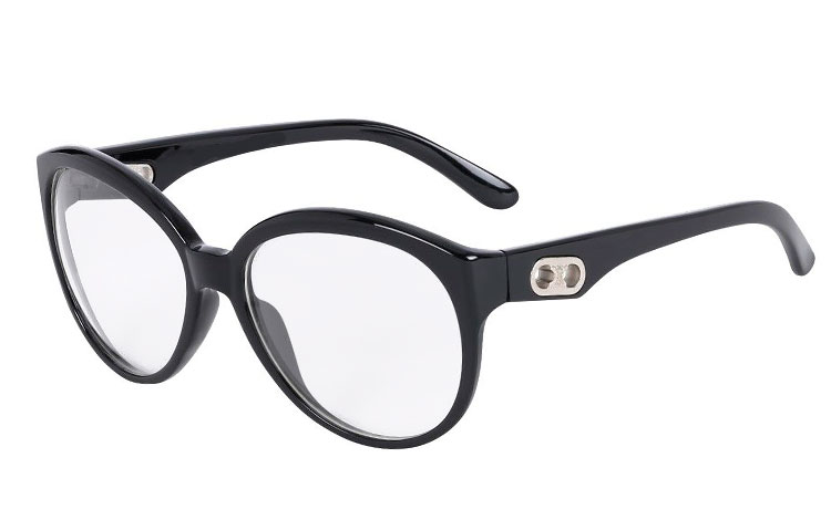 Oversize sort brille med klart glas uden styrke i feminint design. Glasset er klart glas uden styrke med UV 400 beskyttelse. | billige-solbrille-nyheder