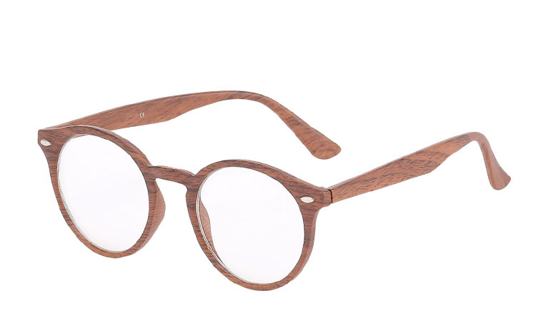 S3656 Rund smuk brille i brunt træ Brillen har klart glas uden styrke, så det er en smuk pynte til dig som ikke behøves briller.