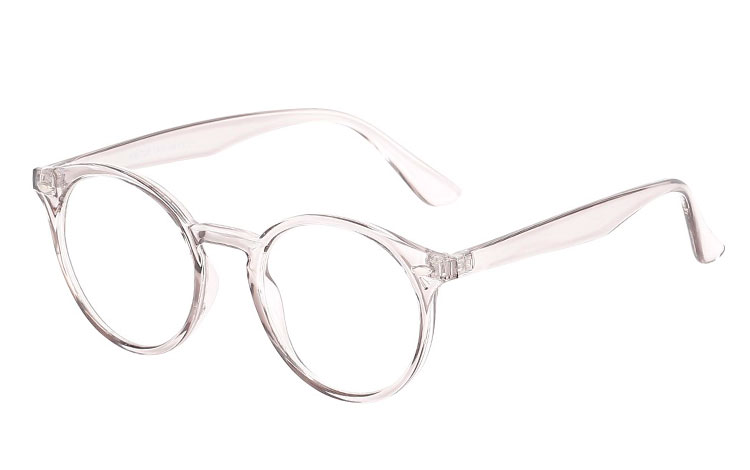 Rund brille med klart glas i transparent lysgrå. Brillen har klart glas uden styrke, så det er en smuk pynte brille til dig som ikke behøves briller.  | 