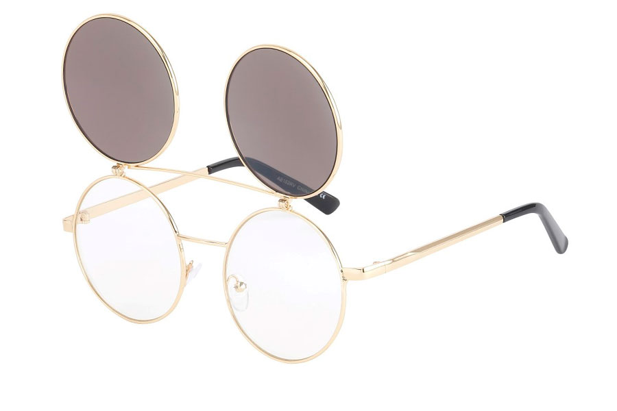 Brille i guldfarvet metal stel med flip-up solbrille i spejlglas i blå-grønne farver.  | runde_solbriller-2