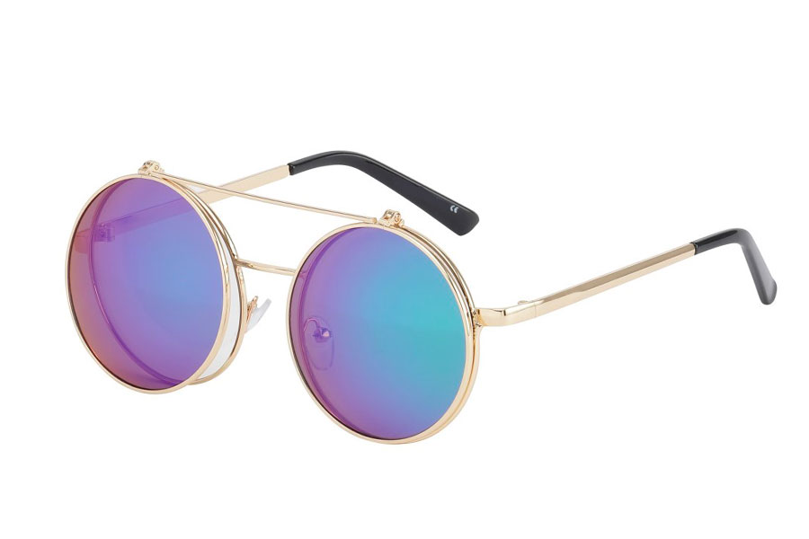 Brille i guldfarvet metal stel med flip-up solbrille i spejlglas i blå-grønne farver.  | festival-solbriller