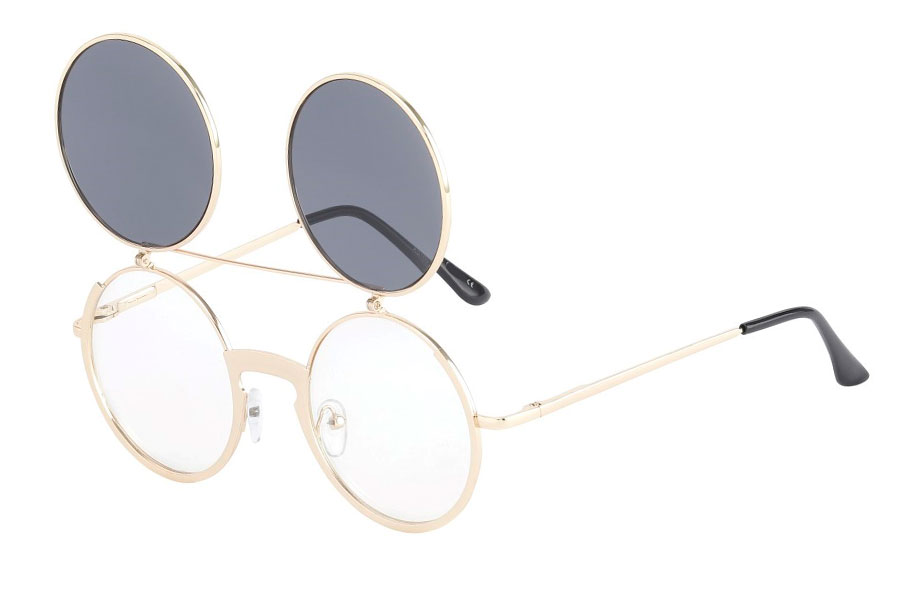Brille i guldfavet metal stel med flip-up solbrille Stellet er i tyk god kvalitet med bred næseryg. Solbrillen er med mørke linser.  | runde_solbriller-2