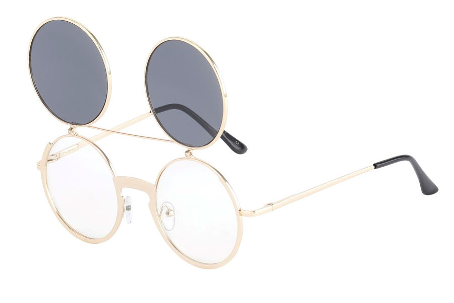 Brille i guldfavet metal stel med flip-up solbrille Stellet er i tyk god kvalitet med bred nÃ¦seryg. Solbrillen er med mÃ¸rke linser.  | festival-solbriller-2