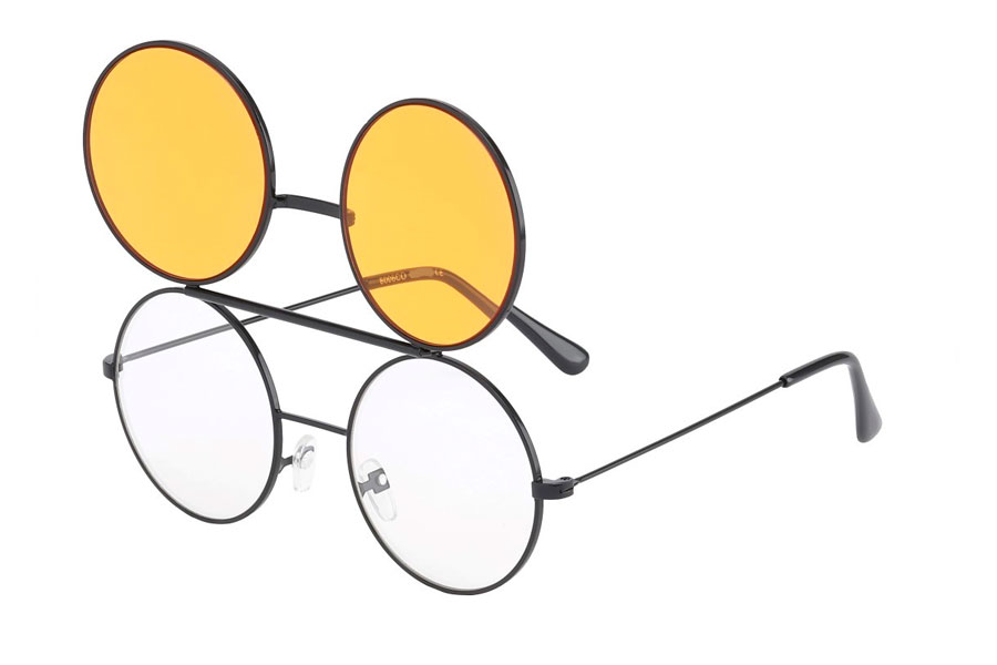 Brille i sort metal stel med flip-up solbrille med orange glas.  | festival-solbriller-2