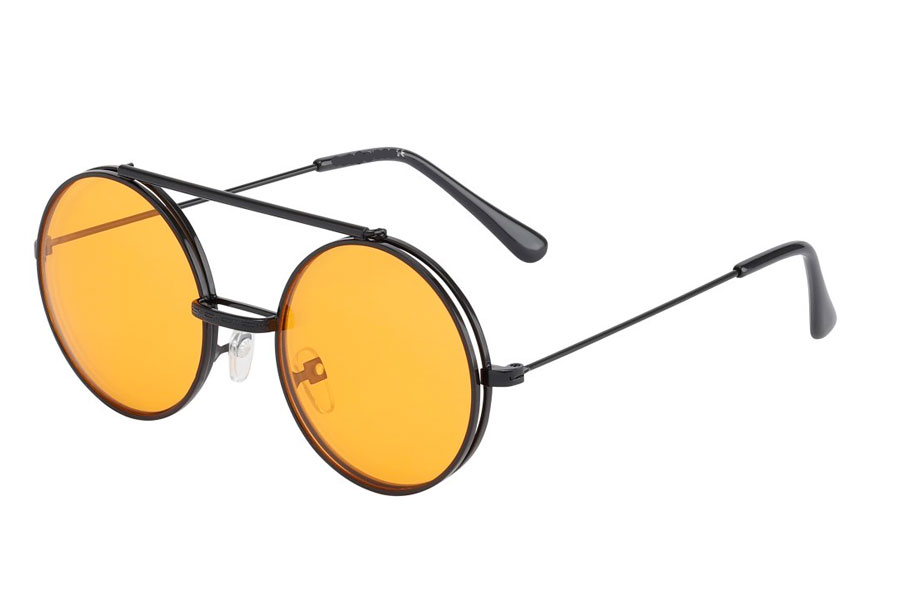 Brille i sort metal stel med flip-up solbrille med orange glas.  | solbriller_kvinder