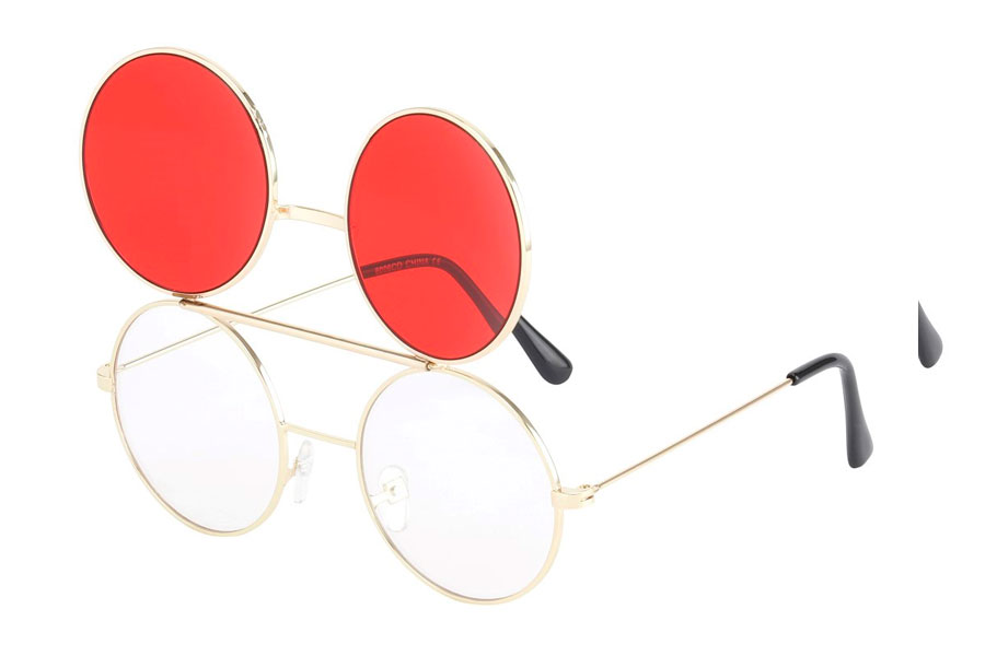 Brille i guldfarvet metal stel med flip-up solbrille med røde glas.  | runde_solbriller-2