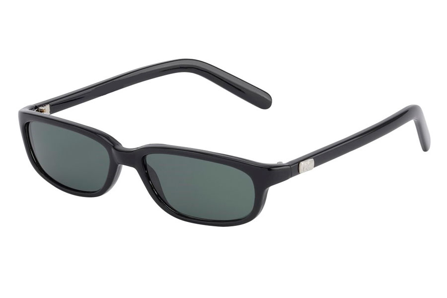 90´er modebrillen, den smalle firkantede brille i enkelt sort design med mørke linser. En lille sølvfarvet  | festival-solbriller
