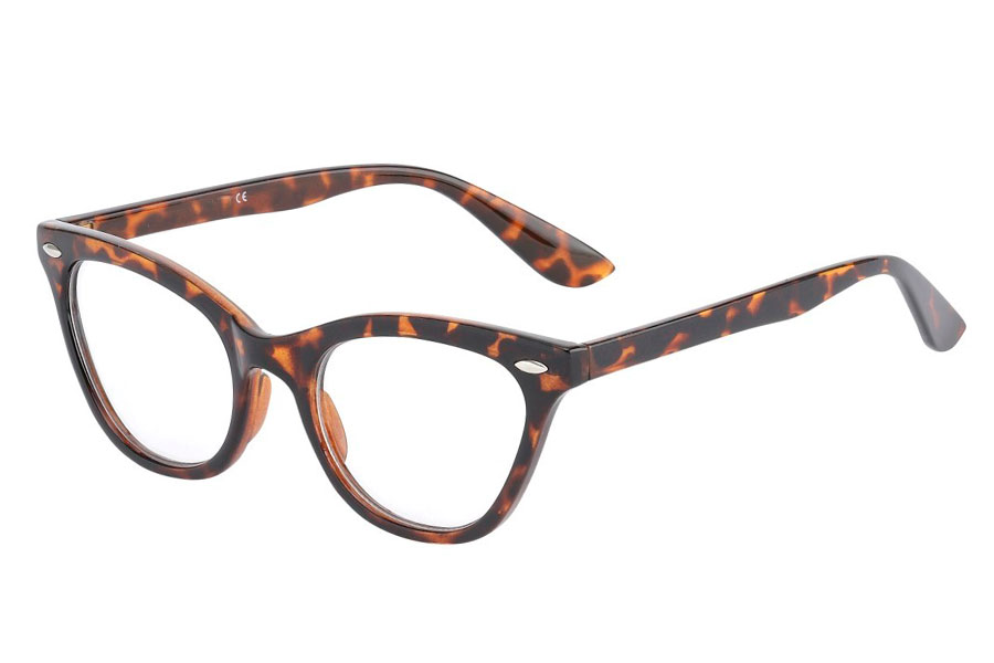 Cateye brille i skildpaddebrun / leopard mønstret stel med klart glas uden styrke. Brillen er inspireret af Dame Edna og Andrey Hepburn, som vi bla. kender denne frække brille fra. | klar_glas_briller