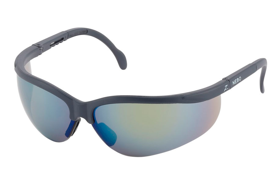 Sports / cykel / løbe brille med mærket "NEBO". Mørkegråt stel med let multifarvet spejlglas. Solbrillen har en dejlig pasform hvor glassene følger ansigtet rundt. | cykelbriller