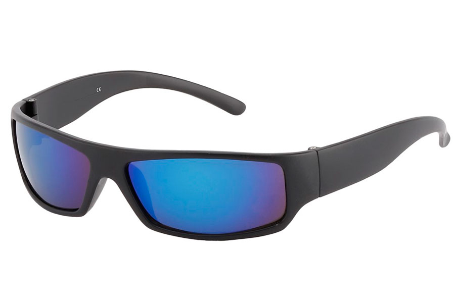 Maskulin mat sort solbrille med spejlglas i blå-lilla nuancer. | firkantet-solbriller