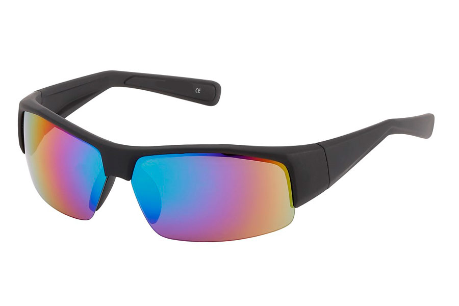 farve Goodwill patron S3836 Mat maskulin solbrille i stort hurtigbrille / sports design. Stellet  er mat sort med spejlglas i multifarvet / regnbuefarvet nuancer.
