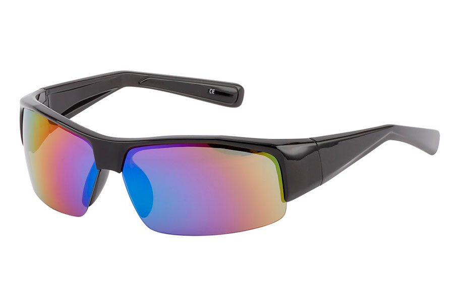 Maskulin solbrille i stort hurtigbrille / sports design. Stellet er sort med spejlglas i multifarvet / regnbuefarvet nuancer.  | oversize_store_solbriller
