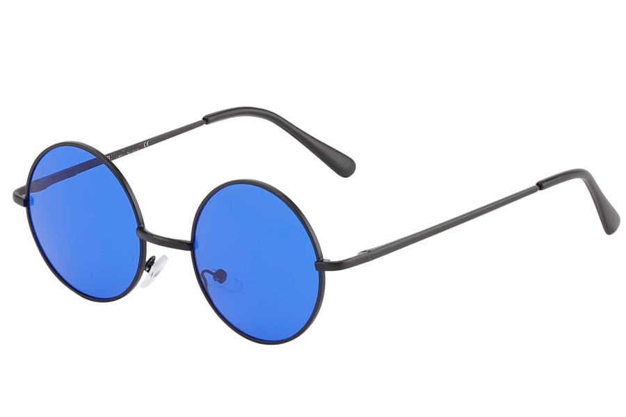 Rund lennon brille i sort metalstel med mørkeblå linser.  | search