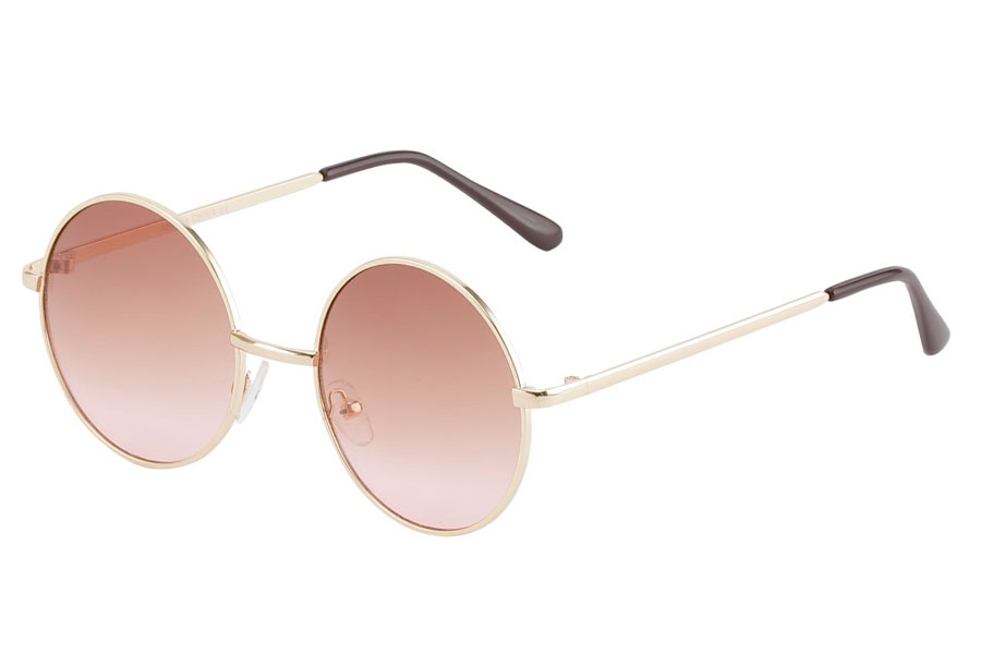 Rund lennon solbrille i et lidt stÃ¸rre design. Stellet er guldfarvet metalstel og glassene er graduerede i varme nuancer (mÃ¸rk foroven, lys forneden) | festival-solbriller